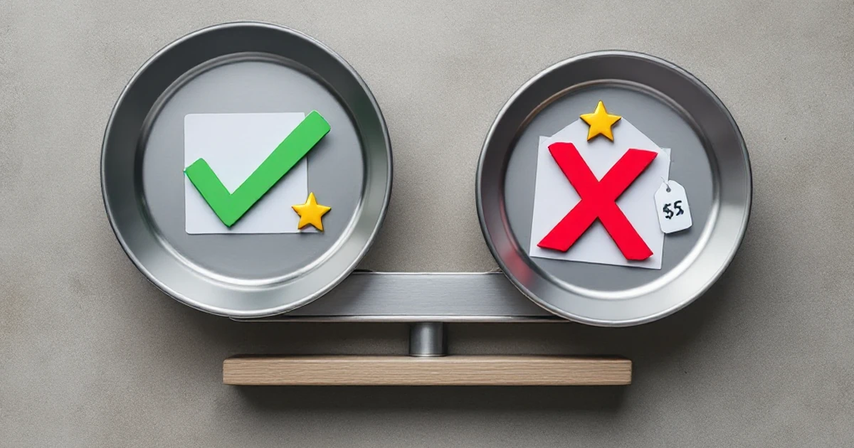 A pair of balanced scales with positive and negative icons, representing a fair pros and cons list.