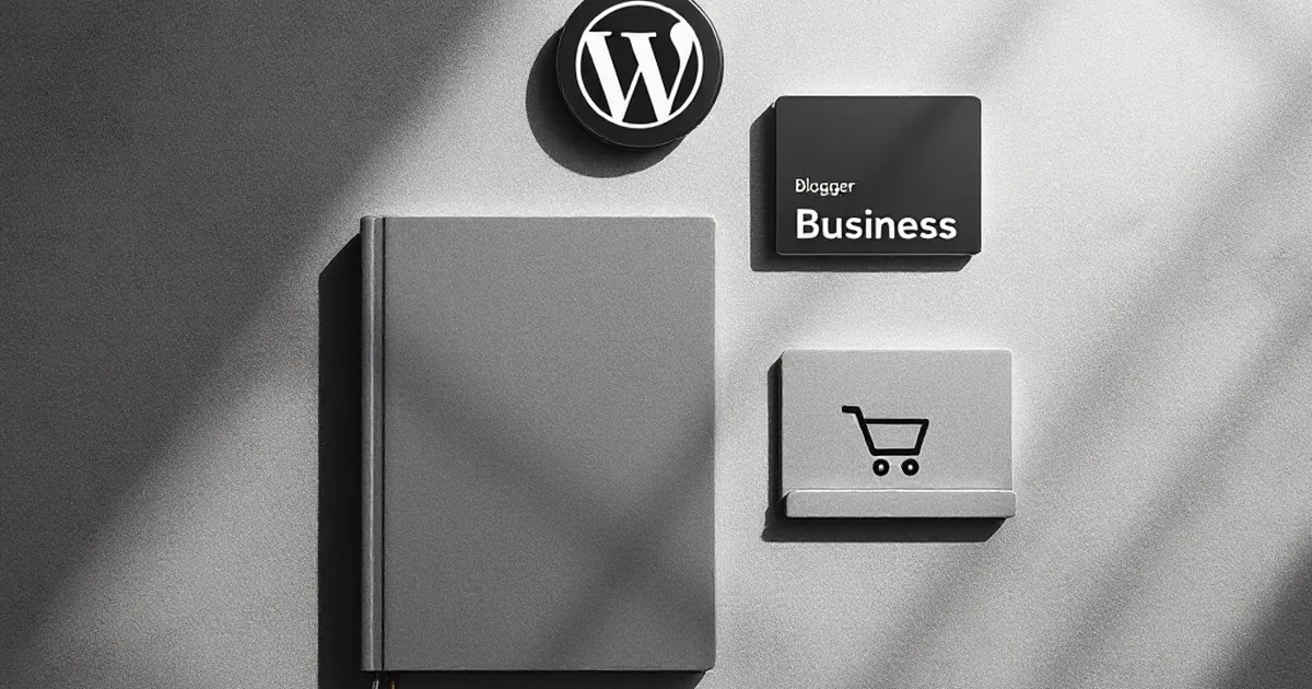 A flat lay of items representing different types of website owners: blogger, business, and e-commerce.