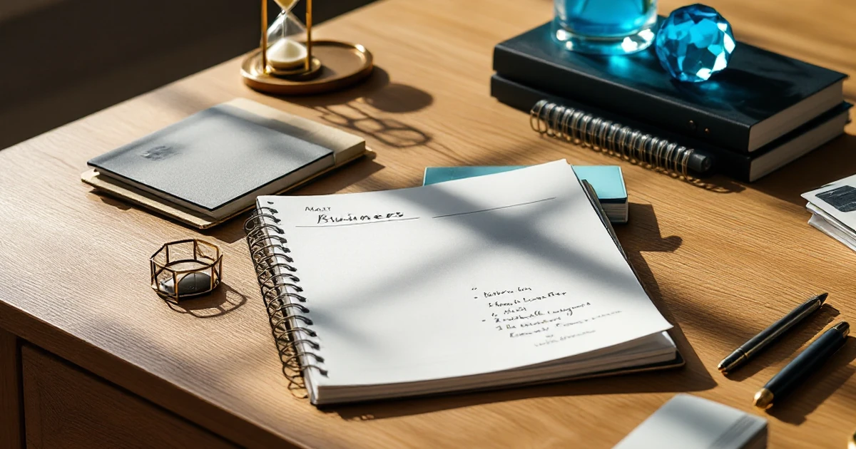 Workspace with planner, hourglass, and business cards for AI tools introduction