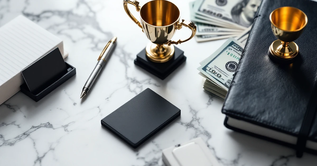 Product shot of top picks with trophy, notebook, and dollar bills