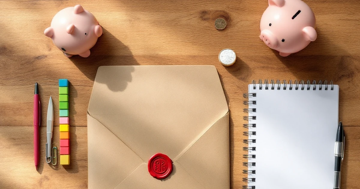 Flat lay of budget tools with envelope, piggy bank, and sticky notes