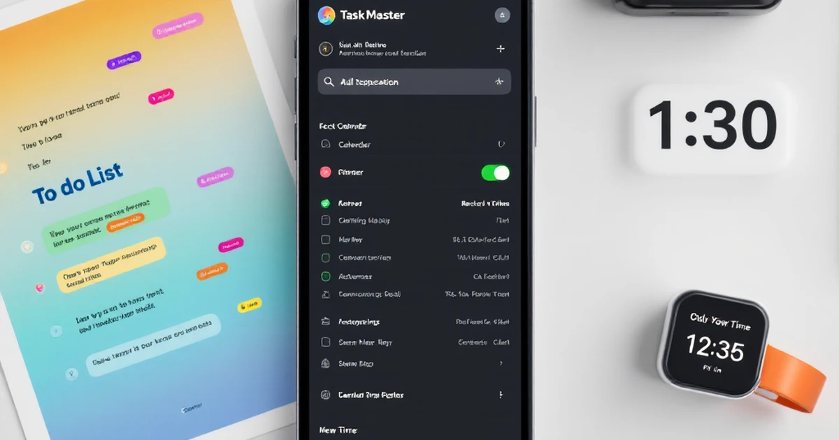 Product photography of TaskMaster Pro app elements on desk.