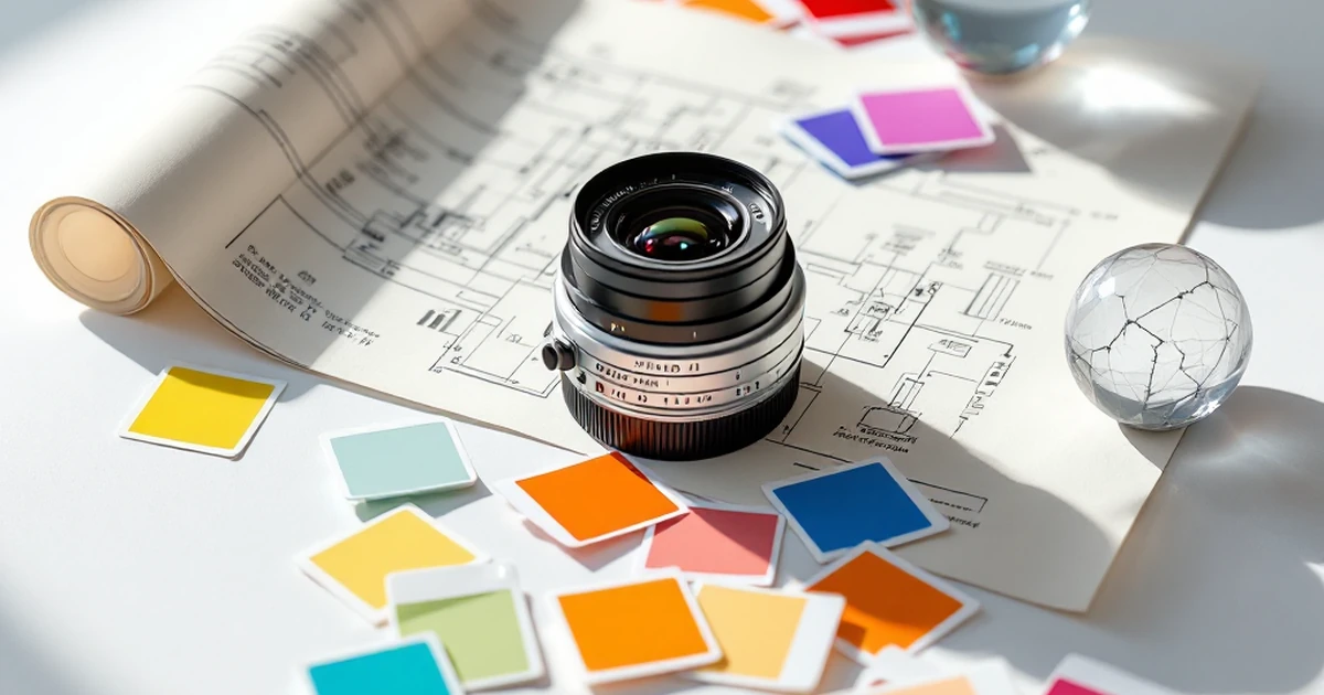 Product shot of camera lens and blueprint representing AI image generation