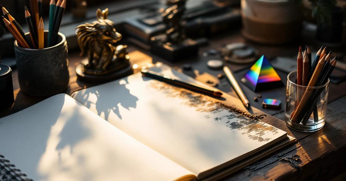 Workspace with sketchbook and sculpture for Midjourney section