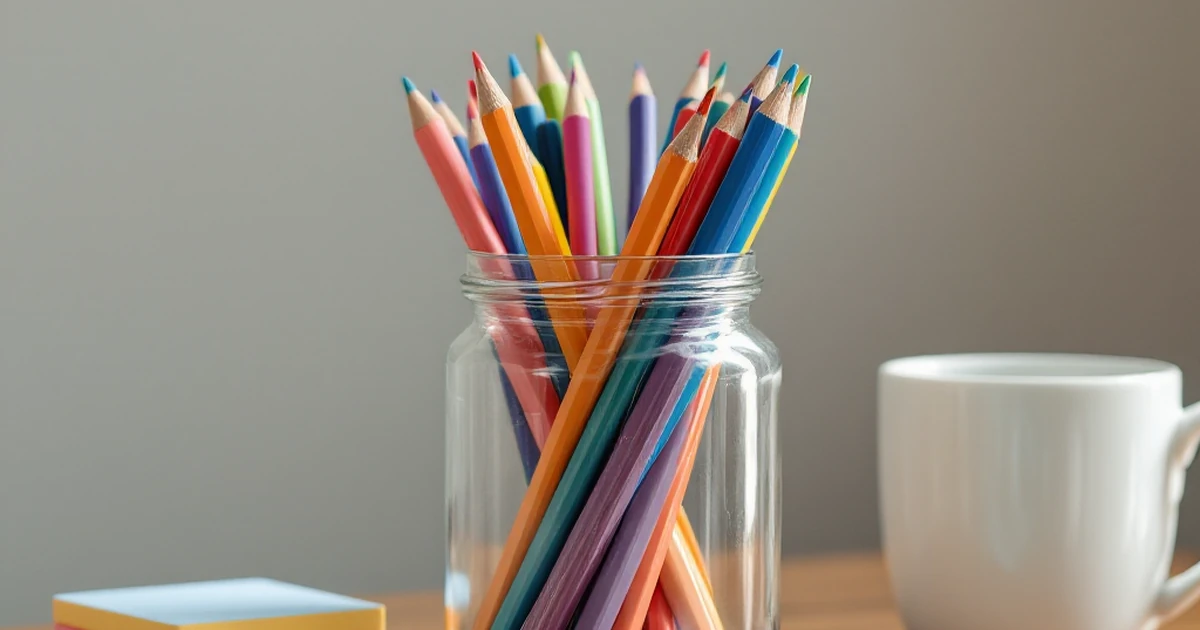 Colorful pens and sticky notes on a wooden desk
