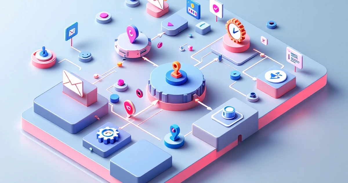 Isometric automation flowchart with email icons and nodes