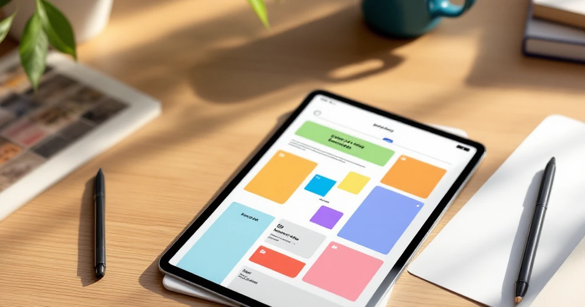 Tablet showing email builder template on oak desk with accessories
