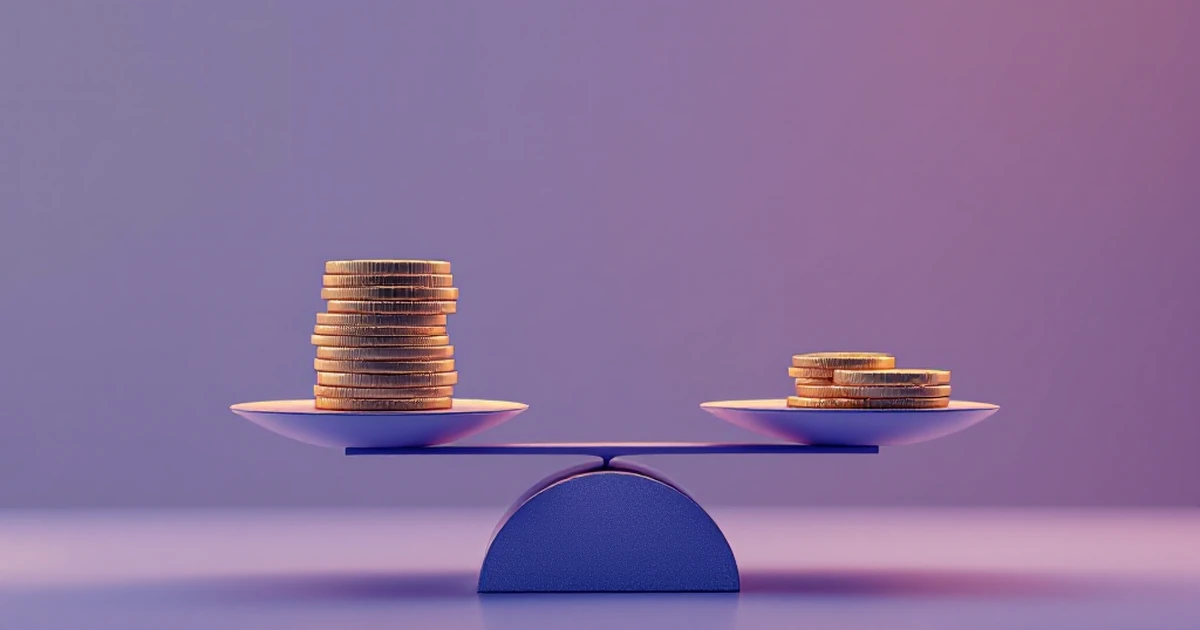 Abstract balanced scale with coins and icons on gradient background