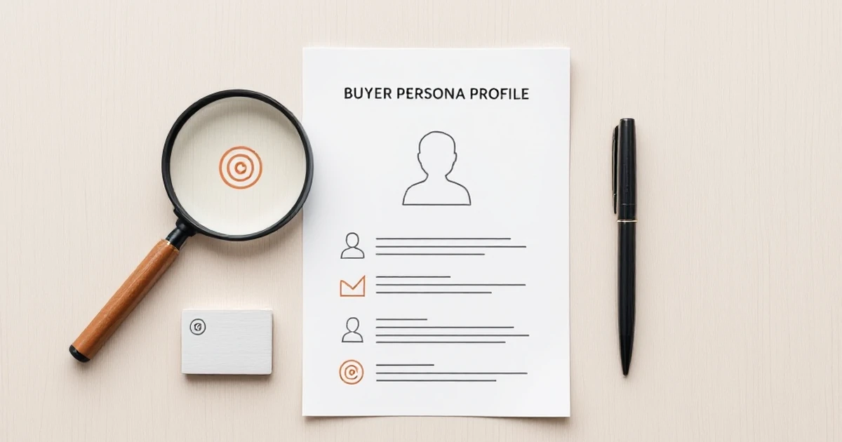 Flat lay of buyer persona profile and business tools on wood surface