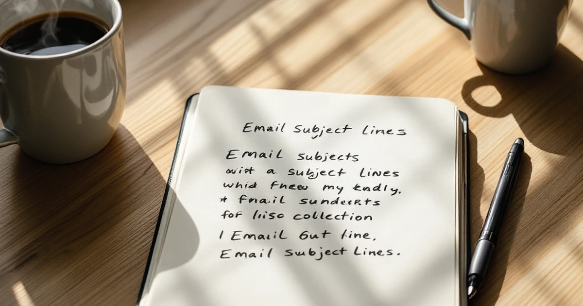 Open notebook with notes on email subject lines and a coffee cup