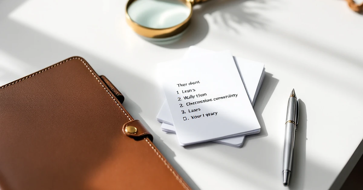 Desk with notebook, pen, and cards for email marketing steps