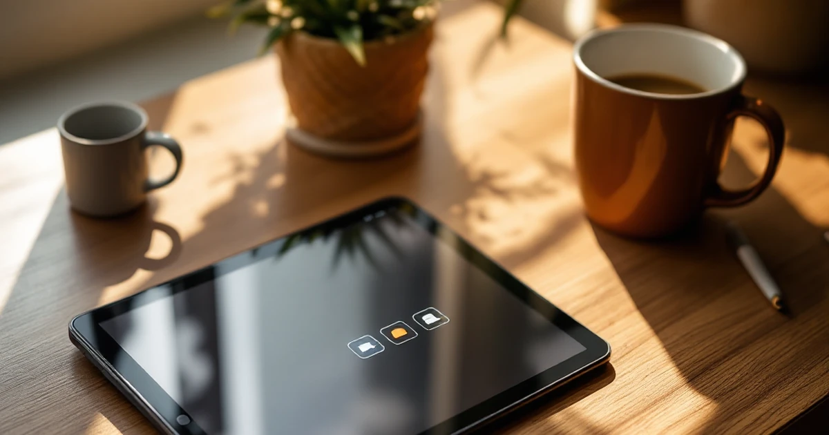 Workspace with a tablet, coffee mug, and notebook on a wooden desk.