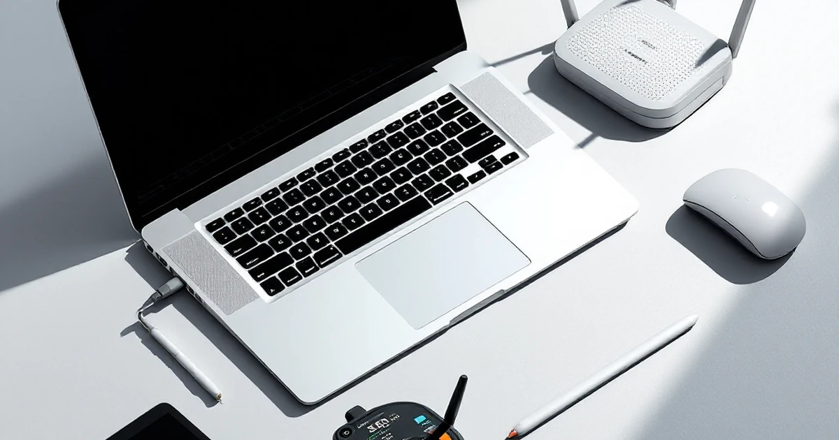 Isometric view of a laptop, tablet, router, and speed test device on a gray surface.