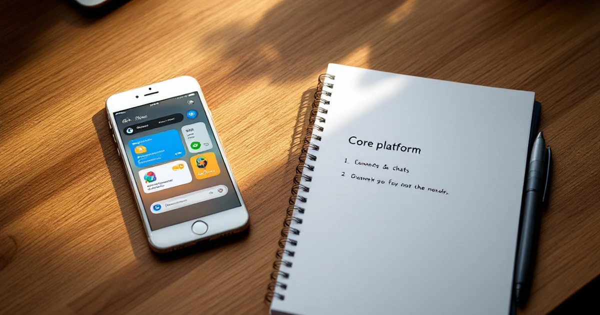 Product photo of a smartphone, notebook, and pen on an oak desk.