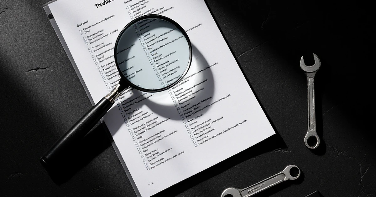 Abstract photo of a magnifying glass, checklist, wrench, and USB drive on a dark surface.