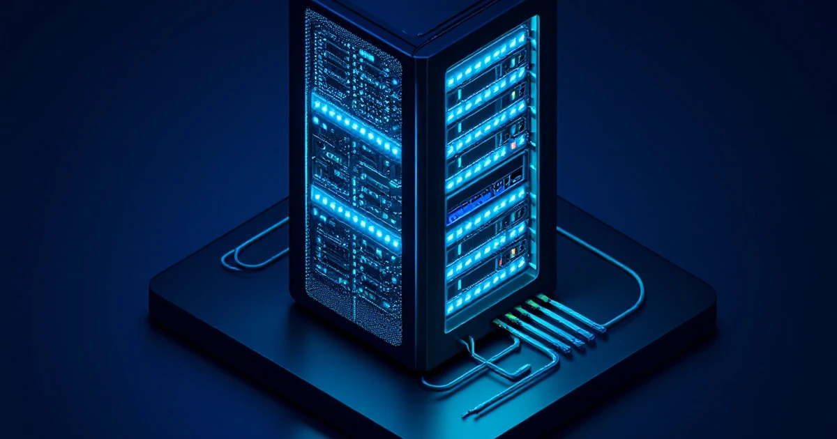 Data server rack with glowing lights
