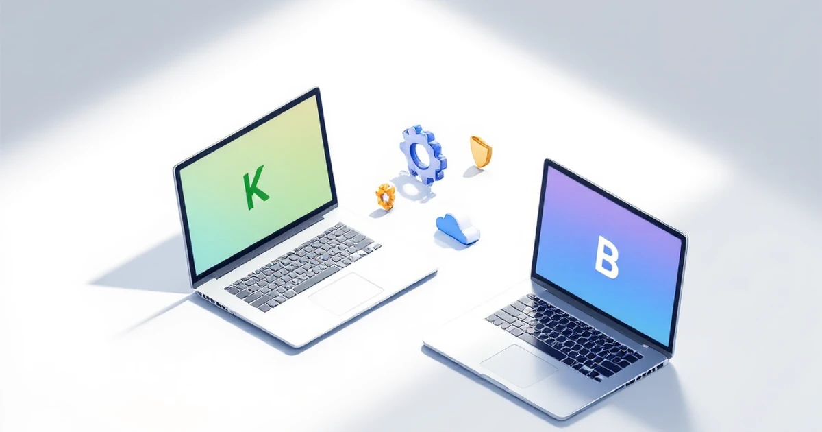 Isometric comparison of two laptops with K and B icons representing Kinsta and Bluehost features