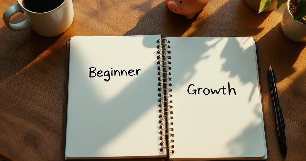 Two notebooks labeled beginner and growth with money and plant representing budget and scaling hosting needs