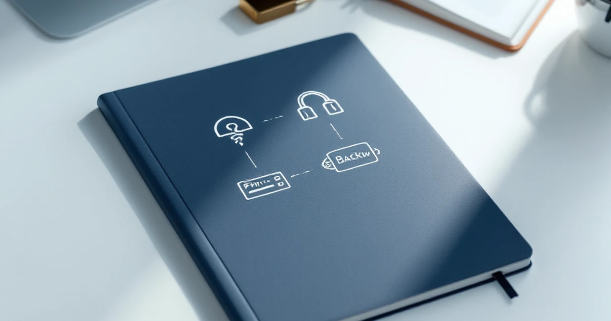 Product shot of a notebook with firewall and backup icons, pen, and padlock on a white desk.