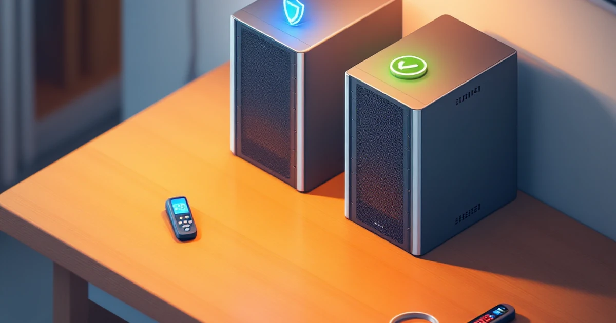 Isometric view of two server rack models with shield and checkmark icons, magnifying glass, and thermometer on wood desk.