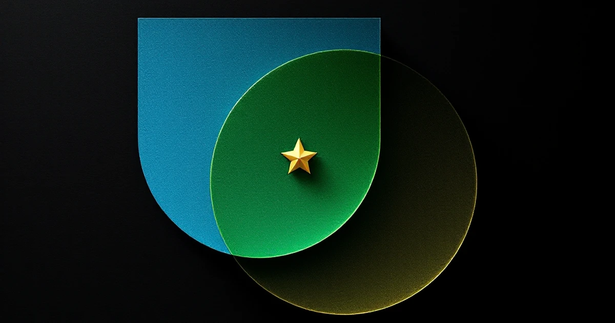 Abstract image of a blue shield and green circle overlapping with a gold star at the center on black background.