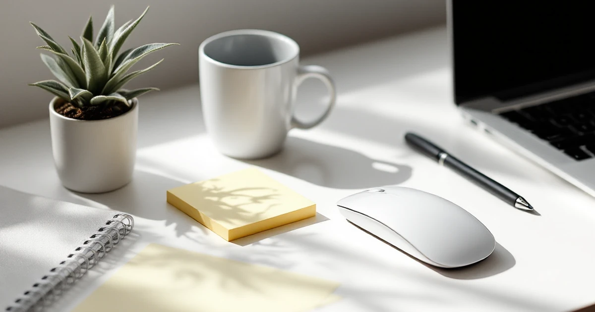 Minimalist desk setup with mug, plant, and sticky notes