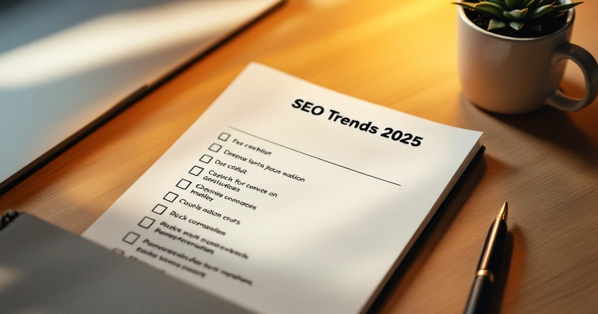 Workspace with notebook, globe, succulent, and coffee mug next to an SEO trends checklist.