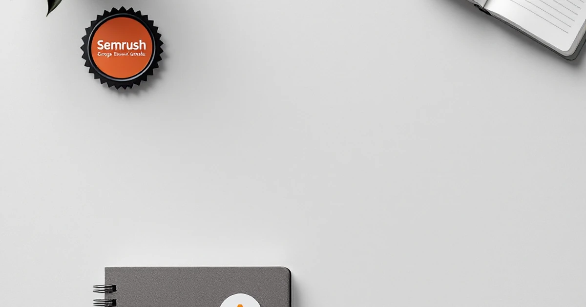 Product shot of Semrush badge, Google Search Console and Analytics cards, notebook, and pen.