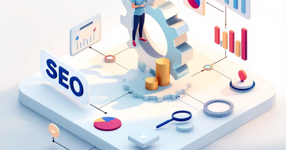 Isometric illustration of SEO dashboard with gear, magnifying glass, chart, and checkmark.