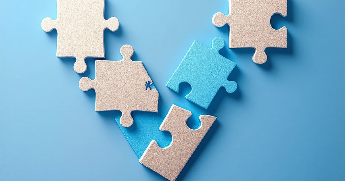 Abstract puzzle pieces forming a checkmark with a wrench icon on a blue background.